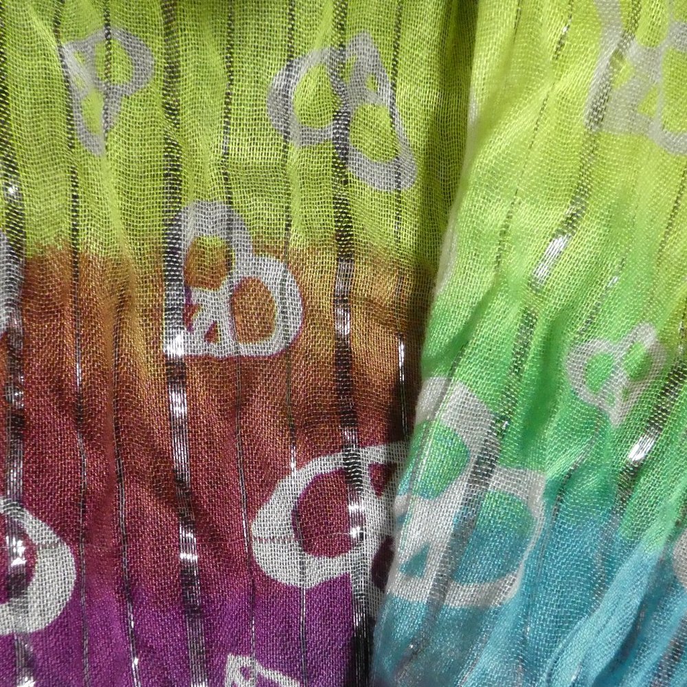 Lightweight Scarf, tie dye look with shiny silver stripes and fringed ends, EUC